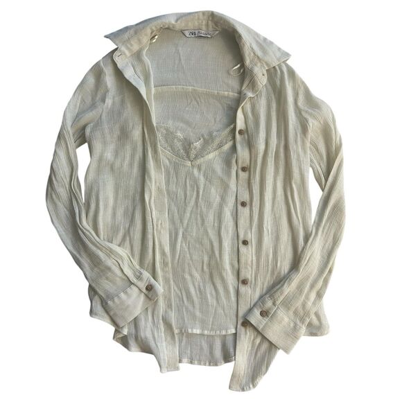 Zara Tops - ZARA Semi Sheer Cream Button Down Long Sleeve Blouse Built In Camisole Sz XS